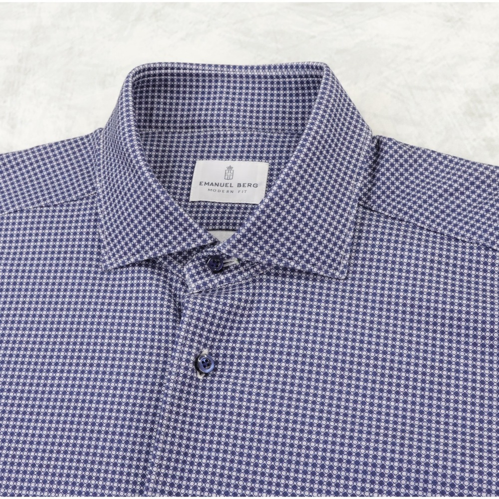 Emanuel Berg Modern Fit Jersey Dress Shirt Mens L 16.5 Blue Micro Geometric